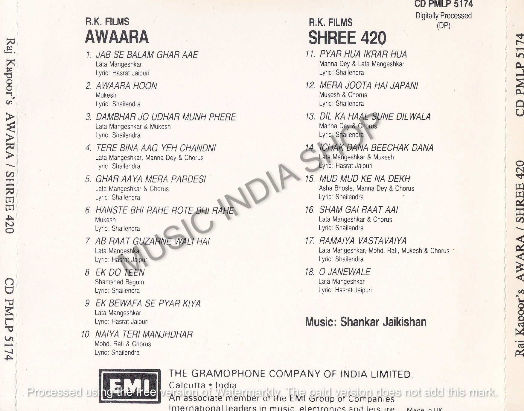Hindi Audio CD,sHANKAR jaikishan,Awaara,Shree 420,Raj Kapoor,EMI